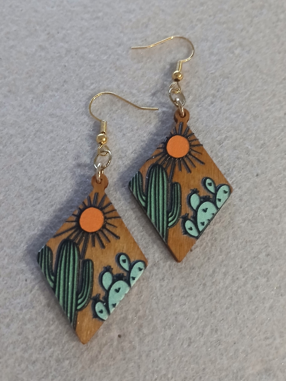 229- Cactus Sunset Wooden Dangle Earrings - Green & Orange